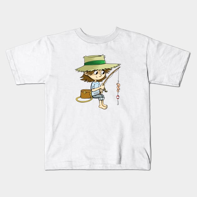 boy with a fishing rod is fishing and worms Kids T-Shirt by duxpavlic